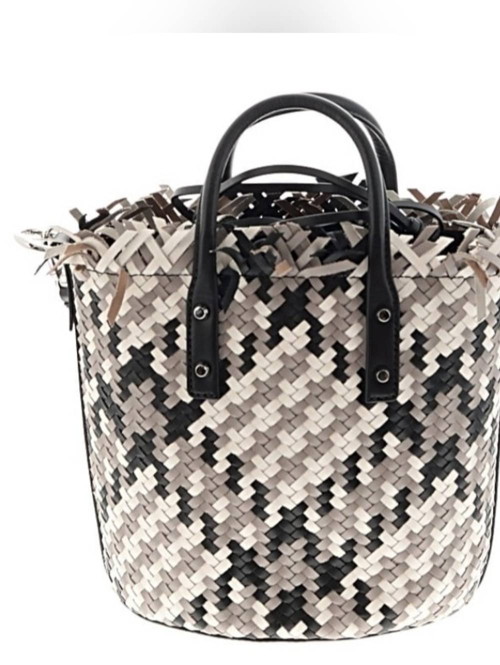Michael Kors Black and Cream Woven Bucket Tote with Tassel and MK Charm - Picture 2 of 6